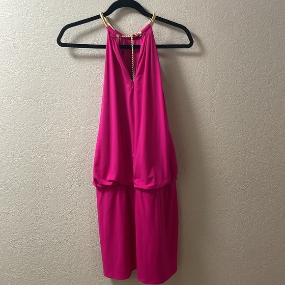 Jessica Simpson Hot Pink Halter Mini Dress with Gold Chain Necklace - Picture 4 of 5